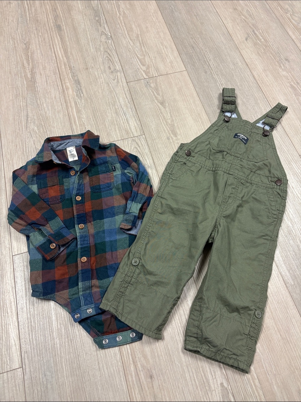 OshKosh B'gosh Olive Green Overalls & Onesie 18 Months